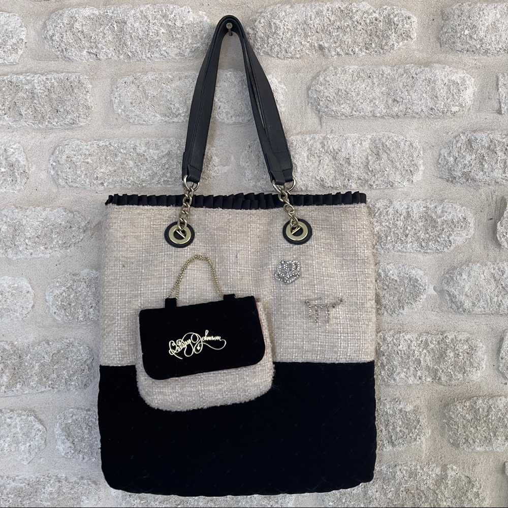 Betsey Johnson boucle quilted velvet jeweled tote cream black